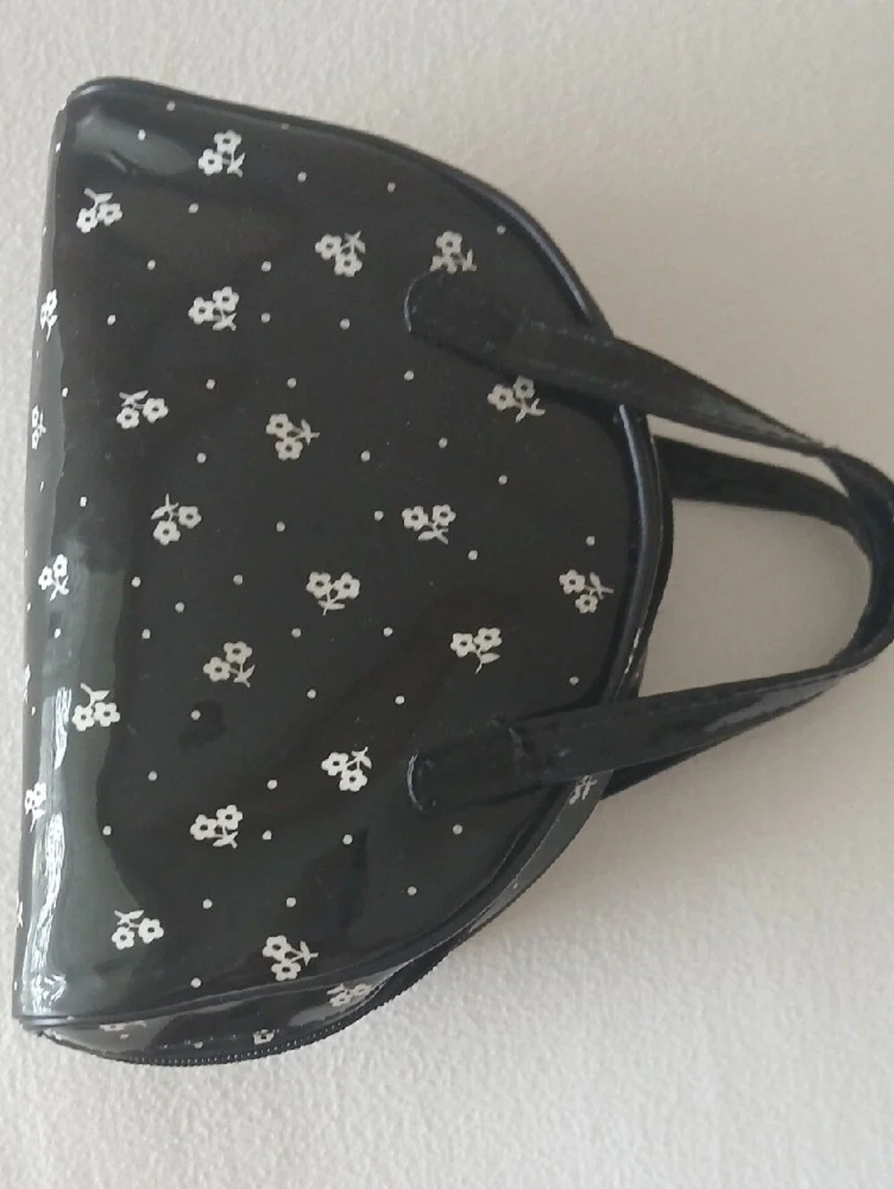 Vintage 80s Lancome Black Floral Patent Leather Dome Cosmetic Bag